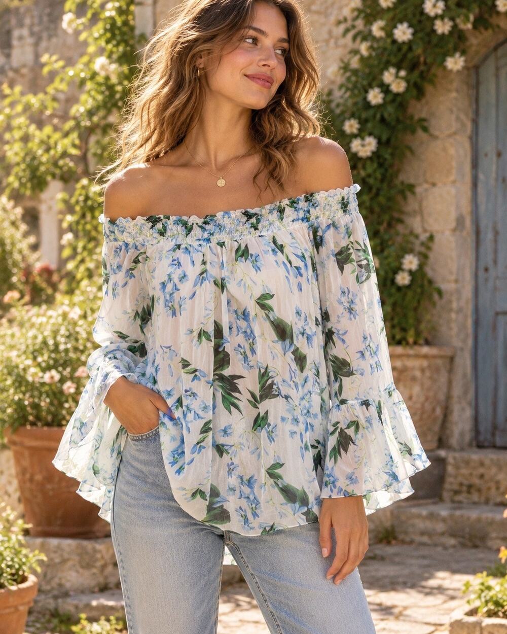 Made in Italy 100% Silk Floral Off Shoulder Blouse Size L
